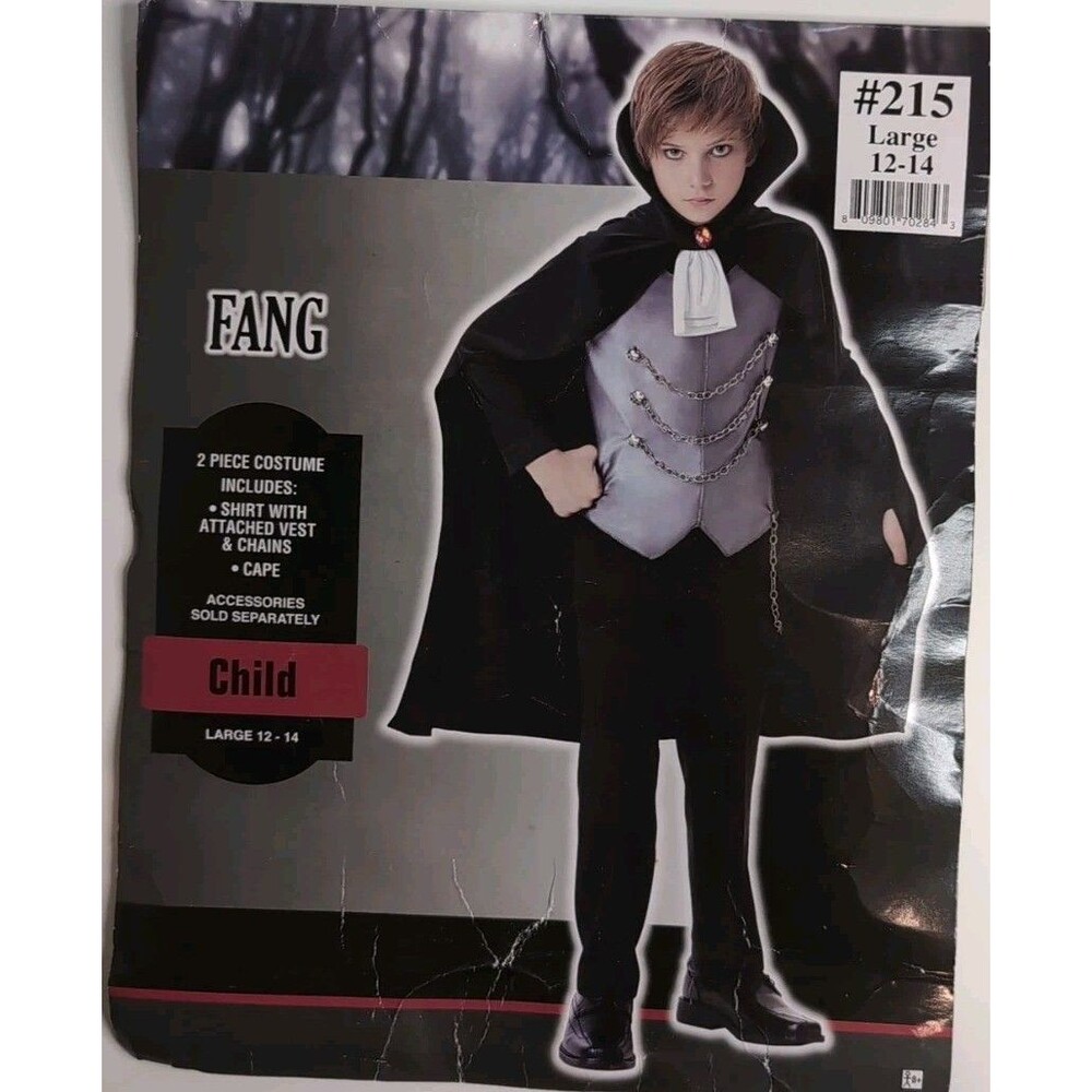 Fang - Vampire Costume Set - Child - Large 12-14 - Black - Cape Vest Chains